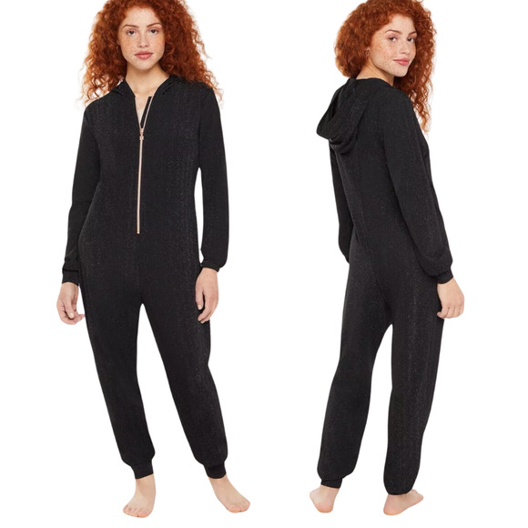 Savage X Fenty Jumpsuit Womens Medium Black Sleep & Shine Hooded Glitter Casual - Picture 1 of 11